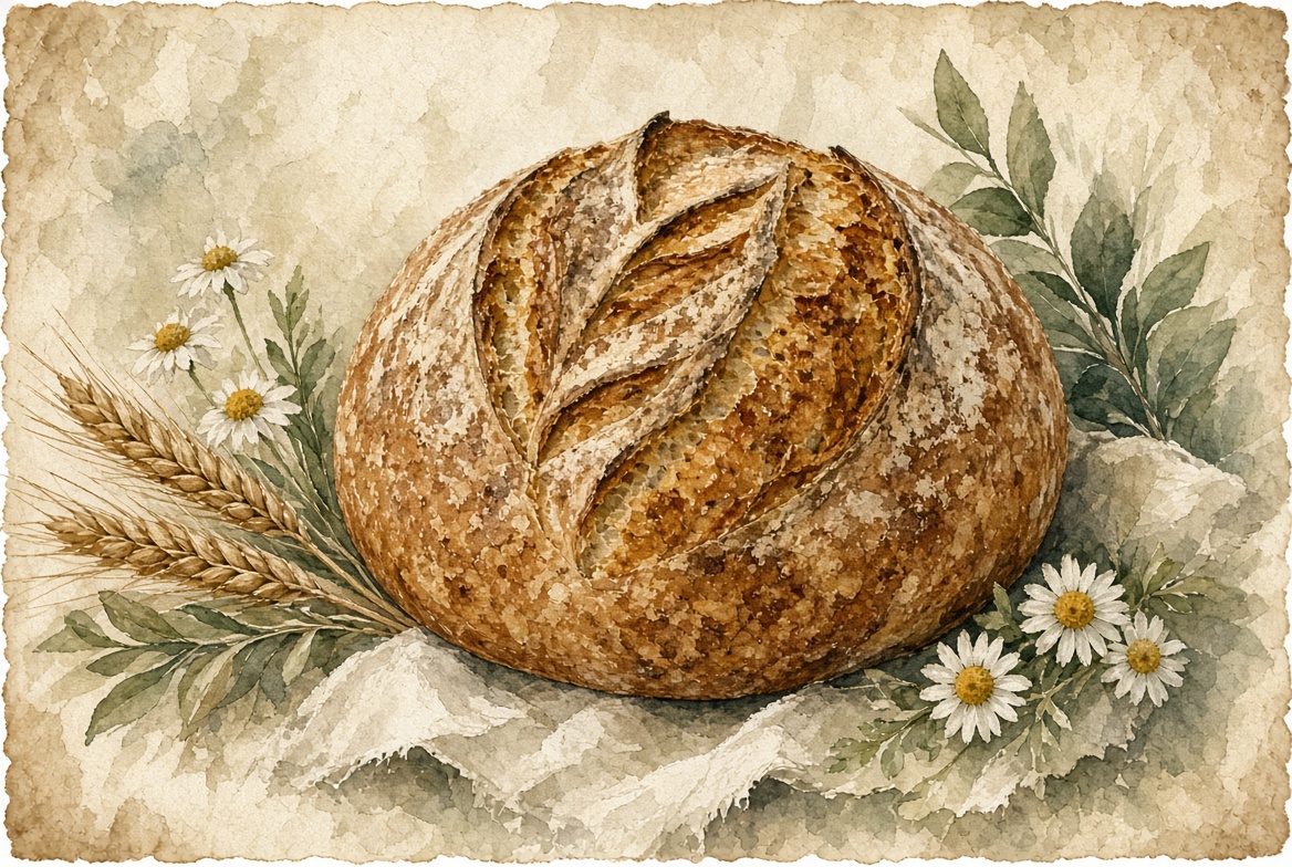 Watercolor of a scored organic sourdough loaf with wheat and daisies